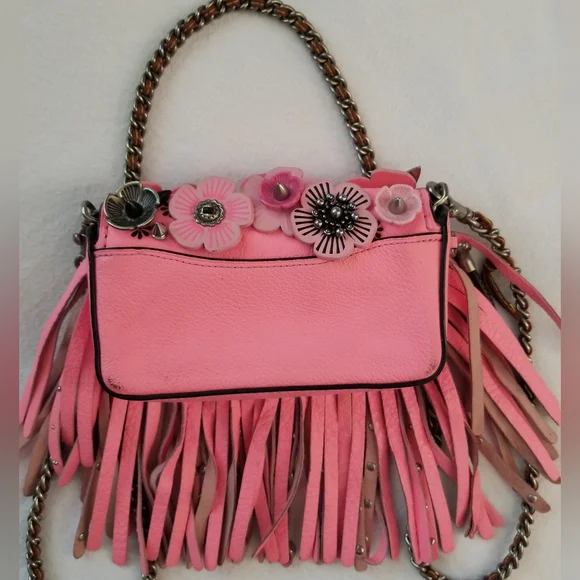 COACH PINK STUDDED WILD TEA ROSE DINKY FRINGE CROSSBODY RARE with COA - Picture 7 of 17